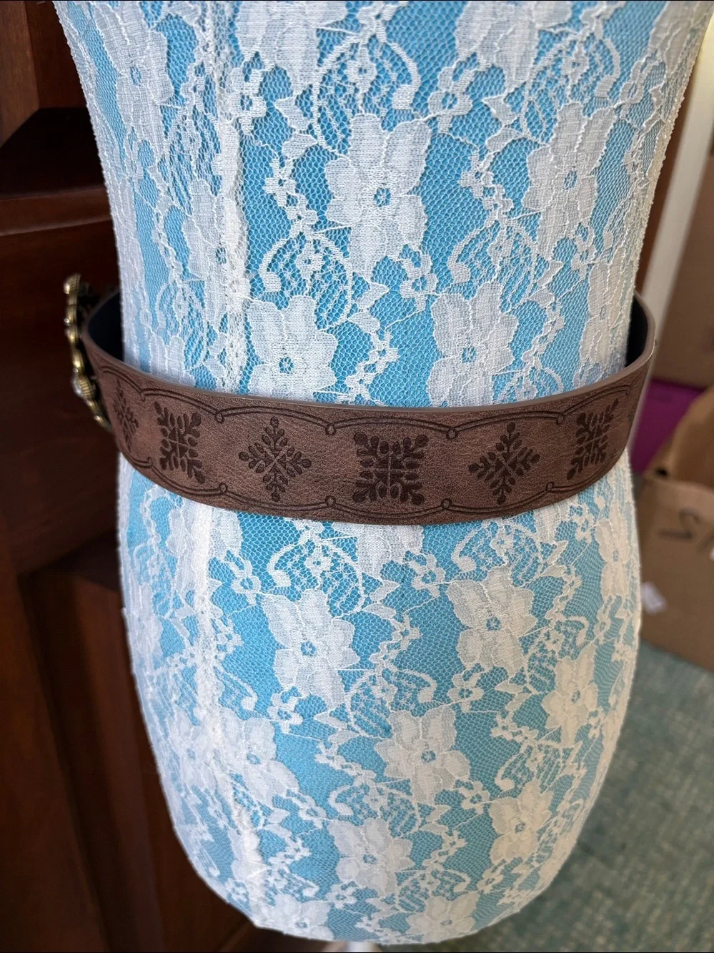 Belt  Brown faux leather /stamped motifs lightweight ornate rhinestone buckle